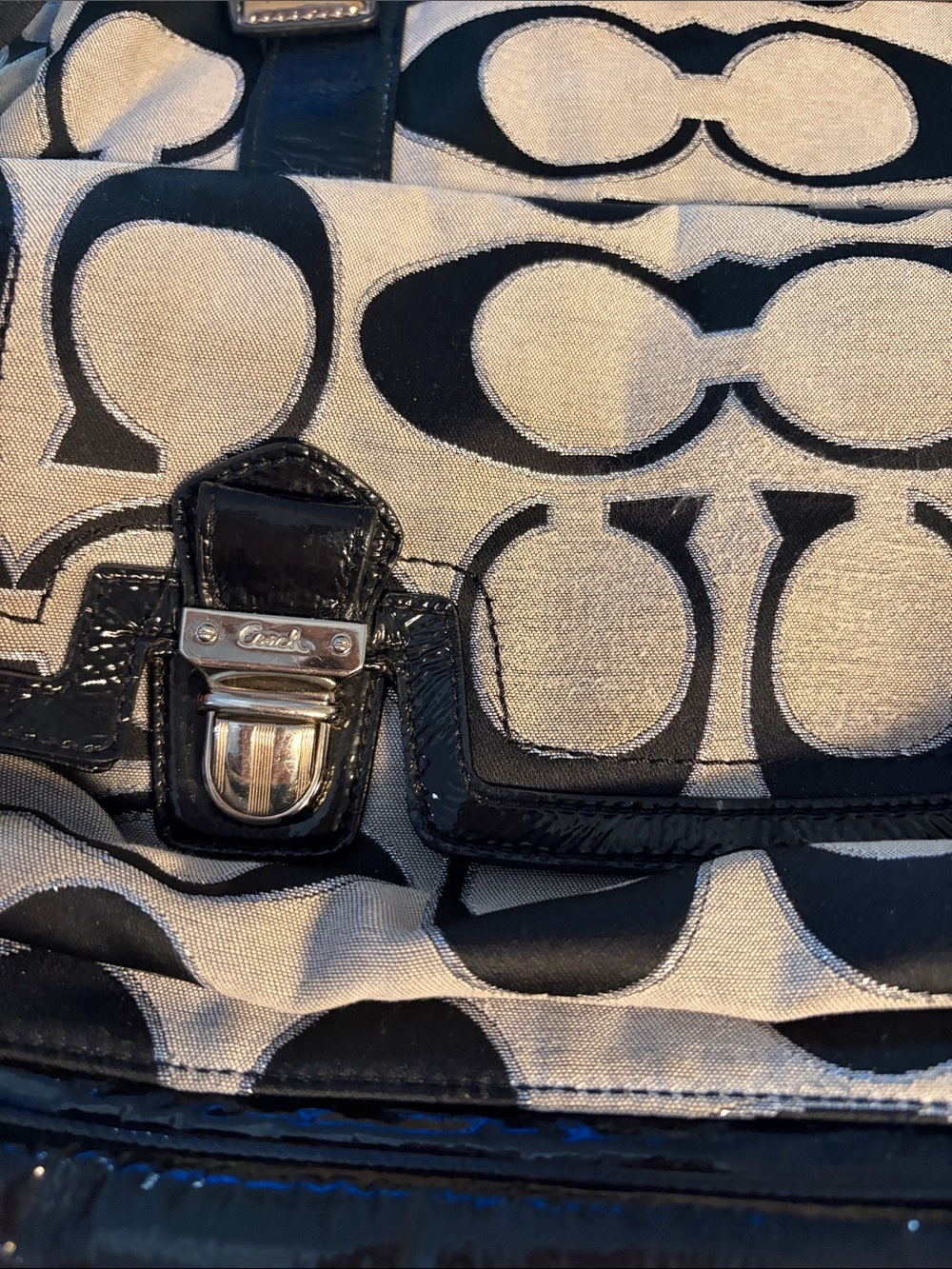 Coach Black and Ivory Signature Canvas Tote with Silver Hardware - Picture 5 of 13